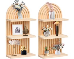 2 Stuks Wandplanken - Houten Boho Wanddecoratie - Regenboog Hout Boho - 3-laagse Wandplank - Kleine Decoratie voor Kinderkamer - Slaapkamer - Woonkamer - Badkamer - Eigentijdse Interieurdecoratie