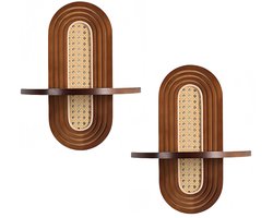 2 stuks wandrekken in bohemian stijl, gebogen rotan hangplank, decoratieve wandbloemstandaard, moderne houten wandplank voor slaapkamer, woonkamer, balkon en kantoor, Bruin