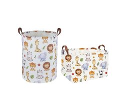 2 Stuks Wasmanden met Cartoon Dierenprint en Leren Handvatten – Duurzame Polyester Opbergmanden voor Slaapkamer, Badkamer of Speelkamer – Leeuw & Giraffe – Leuke Woondecoratie of Cadeau-idee
