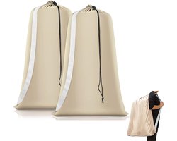 2 stuks - Waszak - Stevige waszak - Reiswaszak - Opbergzak voor vuile was - Waszak groot - Waszak Wasmachine - Tas Wasnetten - Beschermende waszak voor kleding - Waszakken voor wasgoed - met riemen - met trekkoordsluiting - 70*100 cm - beige