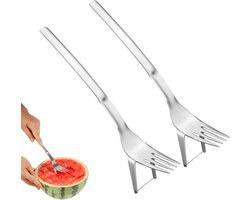2 Stuks Watermeloen Vork Snijmachine - Slicer - Roestvrij Staal - Fruit Snijvork - Zomer - Feest - Camping - Familie - RVS - Keukenhulp - Keukengereedschap - Snijder - Rood - Handig - Duurzaam - Geschikt voor Zomerfruit