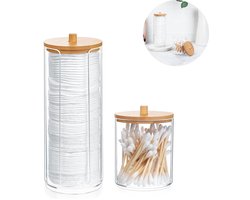 2 stuks Wattenstaafjeshouders - Wattenstaafjes dispenser - Wattenstaafjescontainer - Wattenstaafjes Organizer met Bamboe Deksel - Opbergdoos voor badkameraccessoires - Opbergdoos voor Badkamer, Keuken en Kantoor - Transparant - Acryl