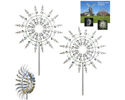 2 stuks - Windmolen van roestvrij staal - Unieke en fantastische metalen windmolen - Unieke en magische roterende metalen windgong voor buiten - 3D windaangedreven dynamische sculptuur - Dubbellaagse omgekeerde rotatie - Zilver