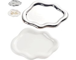 2 stuks - Wolkvormig keramisch sieradenbakje - Wolkenvormig dienblad - Sieradenopbergbakje - Decoratief bakje - Dienblad - Decoratief dienblad - Wit gegalvaniseerd zilver - Perfect voor het opbergen van kettingen ringen en sleutels