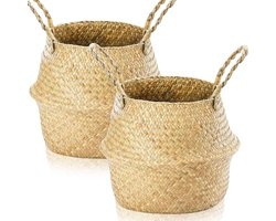 2 Stuks Zeegras Opbergmanden Geweven met Handvat – Ronde Mand voor Planten en Speelgoed (S 28×24cm)