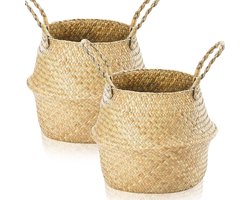 2 Stuks Zeegras Opbergmanden Geweven met Handvat – Ronde Mand voor Planten en Speelgoed (S 28×24cm)