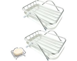 2 stuks – Zeepbakje – Roestvrijstalen zeepbakje – Zeephouder – Zelfdrainerend zeepbakje – Sponshouder – Minimalistisch – Wit – Met lekbakje – Geschikt voor badkamers, wastafels, keukens en douches