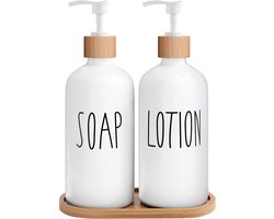 2 stuks zeepdispenserset glas met bamboe dienblad, handzeepdispenser set met pomp, afwasmiddeldispenser, set met etiketten voor badkamer en keuken (wit)
