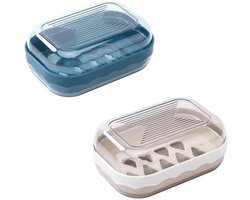 2 Stuks - Zeephouders - Zeepbakje - Voor thuis, slaapzaal, reizen, badkamer, kamperen en andere buitenactiviteiten - 12,8*8,8*5,5 cm - Blauw, Wit - Kunststof - Zeepkist - Zeepdoosje met deksel - Zeepbakje met afvoer - Draagbare zeepdoos