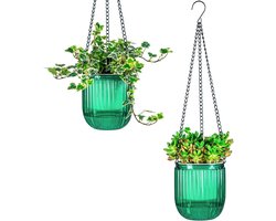 2 Stuks - Zelfwatergevende Hangplantenbak - Zelfwatergevende Hangpot voor Planten - met Waterniveau-Indicator - Kunststof Plantenpot - met Ketting Katoenen Lont - Weerbestendige Bloempot - voor Binnen en Buiten - Transparant Groen