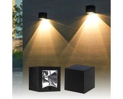 2 stuks zonne-energie wandlampen – Waterdichte LED tuin- en schuttinglampen met warm wit & wit licht – Oplaadbare buitenverlichting IP55 – Vierkant ontwerp, ideaal voor tuin, terras, veranda & geveldecoratie