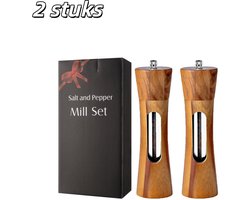2 stuks - Zout- en pepermolen - Houten - Handmatige zout- en pepermolen - Instelbare maalgraad - Met acrylvenster - Geschikt voor het malen van kruiden in de keuken - 20 cm hoog - Bruin