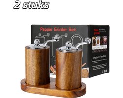 2 stuks - Zout- en peperstrooier - Peper- en zoutmolenset - Hout - Handmatige molen - Verstelbare molen - Met voet van acaciahout - Bruin