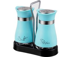 2 stuks zout- en peperstrooierset van glas en roestvrij staal, zoutvaatje, peperstrooier, kruidenstrooier, camping, suikerstrooier, keukenaccessoires (blauw)