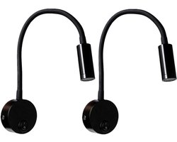 2 stuks zwarte 3W wandleeslamp, flexibele, verstelbare nekwandlamp van aluminium, LED-bedlamp voor oogzorg met schakelaar (warm wit)