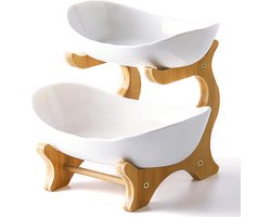 2 Tier Keramische Fruit Bowl met Bamboo Houten Stand voor Keuken Counter,Porcelain Fruit Mand voor Groente Opslag,Snack Dessert Cake Tray Plate Rack voor Party Wedding - Wit