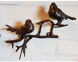 2 VOGELS OP TAK / BRONS / MUURDECORATIE / HORIZONTAAL / BRONZEN TUINBEELD / MUS