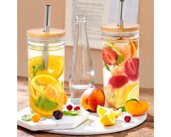 2 x Glazen waterbeker - Melktheekopjes - 720ml - Met Houten Deksel en Rietje - Herbruikbaar - Geschikt voor Milkshakes, Sappen, Smoothies
