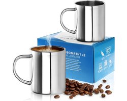 2 x Roestvrijstalen Thermosbeker Set - 350 ml per Koffiemok - Thermobeker van Hoge Kwaliteit Roestvrij Staal - Onbreekbare Koffiekan - Dubbelwandige Geïsoleerde Mok (02 Stuks - .