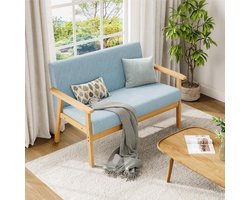 2-Zits Bank – 107 x 60 x 77 cm – Scandinavische Teddy Stoffen Sofa met Houten Frame – Compacte Loveseat voor Woonkamer, Slaapkamer en Kantoor – Lichtblauw – Urbanhome