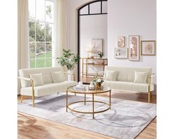 2-zits Bank 143,5 x 71,5 cm - Gestoffeerde Loveseat met Armleuningen, 2 Lendenkussens, Metalen Poten, Moderne Sofa voor Woonkamer en Kantoor - Beige - Vermissen