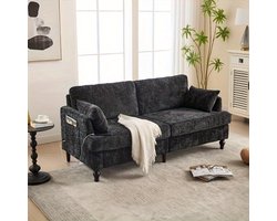 2-Zits Bank – Compacte Sofa – Tweezits Fauteuil – Loveseat – Zithoek – Chenille Bekleding – Stevige Houten Poten – Met Opbergzak – Zwart – Ruimtebesparend Design