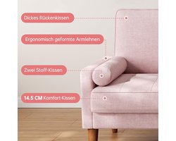 2-zits bank Industrialhome “Luna” – Moderne stoffen loveseat met 2 sierkussens – Compacte designbank voor woonkamer, kantoor of slaapkamer – Afneembare hoes – Linnenlook stof – Roze – 121x77x87 cm
