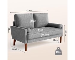 2-zits bank Industrialhome “Luxe Comfort” – Moderne compacte stoffen loveseat met 2 sierkussens – Lichtgrijs – Houten poten – Comfortabel & ademend imitatielinnen – Kleine bank voor woonkamer, slaapkamer of kantoor – Eenvoudige montage – 121 x 77 x 8