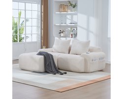 2-Zits Bank, L-Bank, Modulaire Corduroy Bank voor 2 Personen (met Krukjes), Hoekbank vrij te Combineren, Inclusief Bekerhouder en Zijopbergtas, Ideaal voor Woonkamers, Familiekamers en Andere Ruimtes-Beige