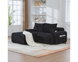 2-Zits Bank, L-Bank, Modulaire Corduroy Bank voor 2 Personen (met Krukjes), Hoekbank vrij te Combineren, Inclusief Bekerhouder en Zijopbergtas, Ideaal voor Woonkamers, Familiekamers en Andere Ruimtes-Zwart