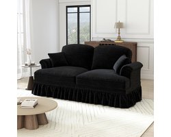 2-zits bank met afneembare volant - Woonkamer en kleine ruimtes - 2 personen - Zwart chenille - Mid-century modern design - Houten poten - Twee stijlen in één - Uitlopende armleuningen