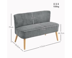2-Zits Bank MiniLuxe™ Grijs – Gestoffeerde Tweezitsbank met Corduroy-Look en Houten Poten, Compacte Bank voor Woonkamer of Slaapkamer – Medahomestore