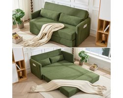 2-Zits Bank, Vloerslaapbank, de 2-in-1 Vouwbank, Corduroy stof, Woonkamer, Appartement, met twee Lendenkussens, Voorzien van twee Tijdschriftenvakken, 165 x 92 x 82 cm, Groen