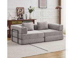 2-Zits Corduroy Bank - Multifunctionele 2-in-1 Slaapbank - Modulaire Slaapbank - Inklapbaar Voor Woonkamer & Slaapkamer - Met Bekerhouders - Lichtgrijs