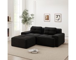 2-Zits Hoekbank - Modulaire Ribstof Bank Met Voetenbank - Moderne Frameloze Cloud Sofa Met Zachte Bekleding, Brede Armleuningen En Diepe Zit - Comfortabele Lounge Bank Voor Woonkamer - Zwart