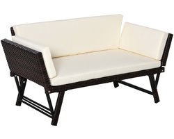 2-zits inklapbare tuinbank, outdoor loungesofa, multifunctionele verstelbare ligbank 129x63x67cm beige stevig duurzaam stalen frame inklapbare armleuningen rotan-look afneembare en wasbare kussens geschikt voor balkon terras tuin buitengebruik
