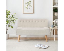 2-zits linnenlook bank met houten poten, loveseat in retro-stijl, geschikt voor kleine ruimtes, woonkamer & slaapkamer, beige, 117x56x75 cm