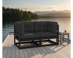 2-Zits Massief Houten Tuinbank met Kussens – L-vormige Hoekbank Sofa Lounge Zitgroep – Duurzaam Grenenhout – Zwart met Antraciet Kussens – Tuinmeubelen Tuinset voor Buiten Urbanhome