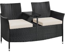 2-zits polyrotan tuinbank met tafel en kussens, stabiele rotan zitbank, 350 kg belastbaarheid, 131 x 65,5 x 85 cm, weerbestendig, balkonbank, tuinmeubelen voor tuin, balkon, terras,