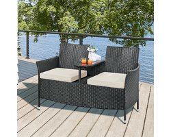 2-zits polyrotan tuinset met tafel en kussens, stabiele rotan zitbank, 350 kg belastbaarheid, 131 x 65,5 x 85 cm, weerbestendig, balkonbank, tuinmeubelen voor tuin