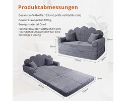 2-Zits Slaapbank Inklapbaar met Slaapfunctie 153 x 267 cm – Comfortabele Corduroy & Schuim Loungebank met 2 Kussens, Zijzakken en Elegante Bloemvormige Rugleuning – Pauwhome Donkergrijs