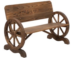 2-zits tuinbank van massief hout met armleuningen, bank met wagenwieldesign, tuinmeubeldraagvermogen 250 kg, rustieke bank, 114 x 58 x 80 cm, bruin