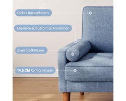 2-zitsbank Industrialhome Copenhagen – Moderne Stoffen Bank met 2 Sierkussens – Blauw – Comfortabele Compacte Loveseat met Armleuningen – Kleine Tweezitsbank voor Woonkamer, Appartement of Kantoor – 121x77x87 cm