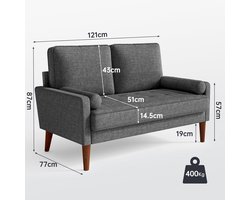 2-zitsbank Industrialhome Oslo – Moderne Stoffen Bank met 2 Sierkussens – Donkergrijs – Comfortabele Compacte Bank met Armleuningen – Kleine Woonkamerbank – Ruimtebesparende Tweezitsbank – 121x77x87 cm