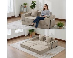 2-Zitsbank, Moderne Tweepersoons Slaapbank met een Comfortabele Stoffen Bank en twee Kussens, Een Stijlvolle, Decoratieve Voetenbank met Opbergruimte aan de Zijkant en Bekerhouders, Ideaal voor Leeshoekjes, Speelkamers, enz.-Khaki