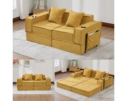 2-Zitsbank, Moderne Tweepersoons Slaapbank met een Comfortabele Stoffen Bank en twee Kussens, Een Stijlvolle, Decoratieve Voetenbank met Opbergruimte aan de Zijkant en Bekerhouders, Ideaal voor Leeshoekjes, Speelkamers, enz.-Geel