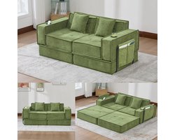2-Zitsbank, Moderne Tweepersoons Slaapbank met een Comfortabele Stoffen Bank en twee Kussens, Een Stijlvolle, Decoratieve Voetenbank met Opbergruimte aan de Zijkant en Bekerhouders, Ideaal voor Leeshoekjes, Speelkamers, enz.-Groente