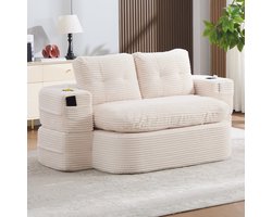 2-Zitsbank,2-In-1 Slaapstoel Van Corduroy, Slaapbank Met Verstelbare Rugleuning, Compacte Vloerbank Met Verstelbare Armleuningen, 2 Bekerhouders, Hoge Rugleuning En Extra Diepe Zitting-Beige