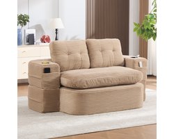 2-Zitsbank,2-In-1 Slaapstoel Van Corduroy, Slaapbank Met Verstelbare Rugleuning, Compacte Vloerbank Met Verstelbare Armleuningen, 2 Bekerhouders, Hoge Rugleuning En Extra Diepe Zitting-khaki