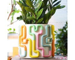 20 cm Bloempot met Kleurrijke Cirkellijnen - Schattige Unieke Bloempot met Drainage voor Kamerplanten - Vintage Stijl, Eclectisch Design - Ideaal voor Moderne Boho Decoratie